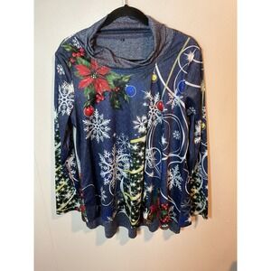 Unbranded Women's Large Blue Christmas Print Cowl Neck Long Sleeve Top Lined